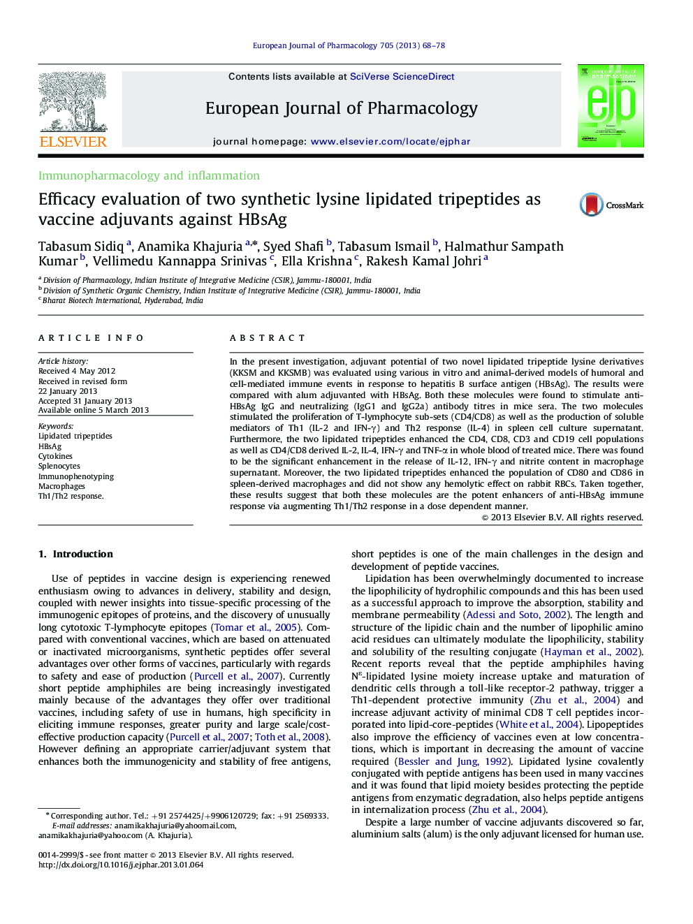 Efficacy evaluation of two synthetic lysine lipidated tripeptides as vaccine adjuvants against HBsAg