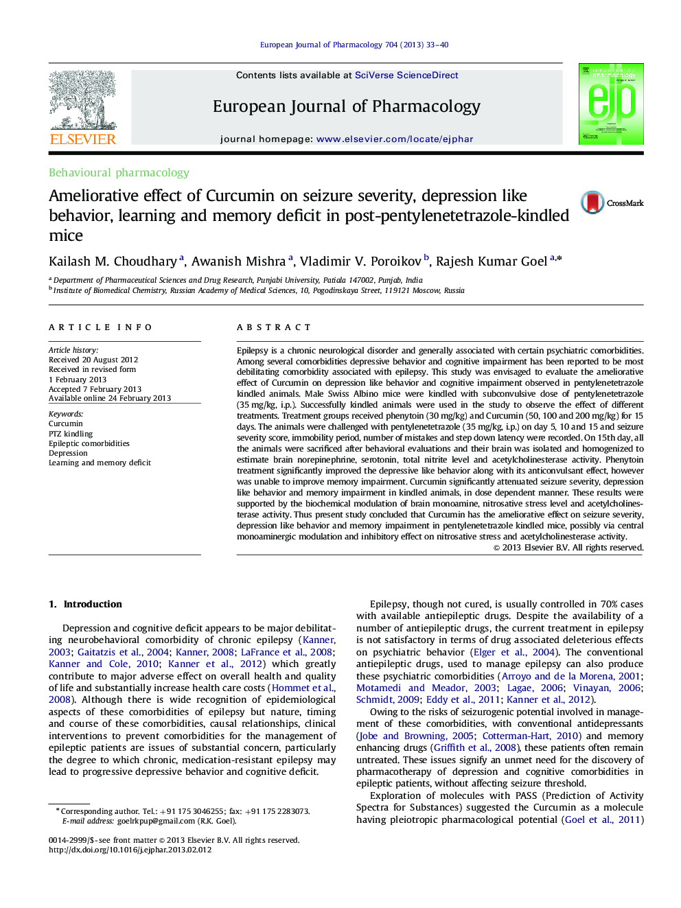 Ameliorative effect of Curcumin on seizure severity, depression like behavior, learning and memory deficit in post-pentylenetetrazole-kindled mice