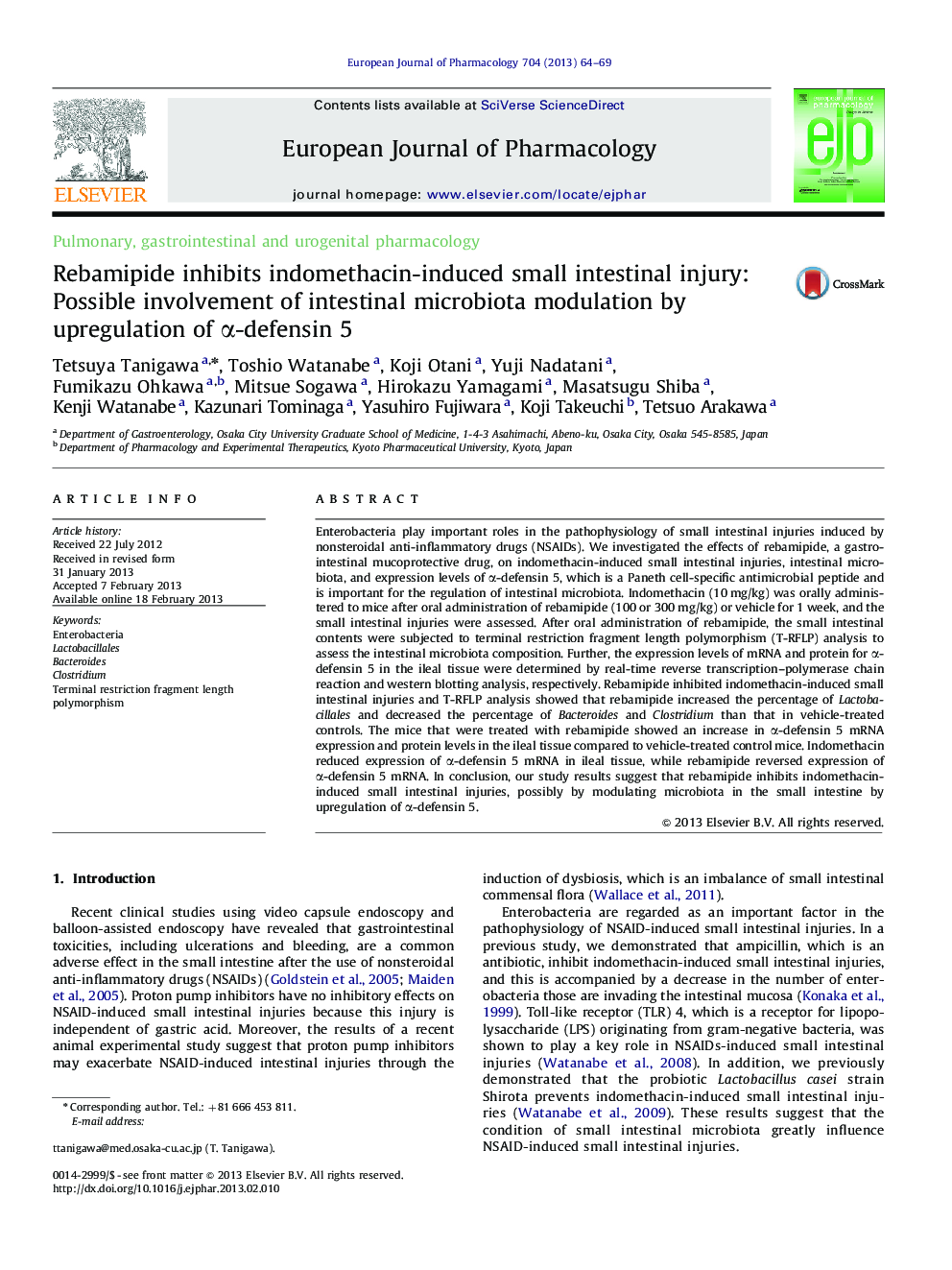Rebamipide inhibits indomethacin-induced small intestinal injury: Possible involvement of intestinal microbiota modulation by upregulation of α-defensin 5