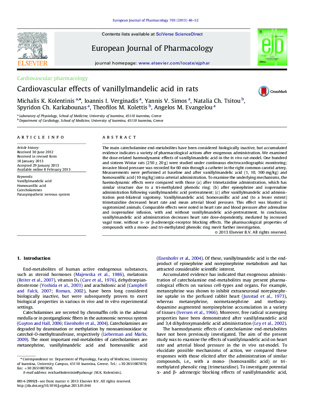 Cardiovascular effects of vanillylmandelic acid in rats