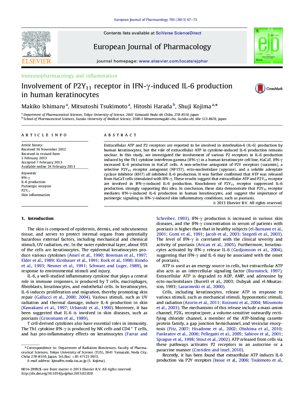 Involvement of P2Y11 receptor in IFN-γ-induced IL-6 production in human keratinocytes