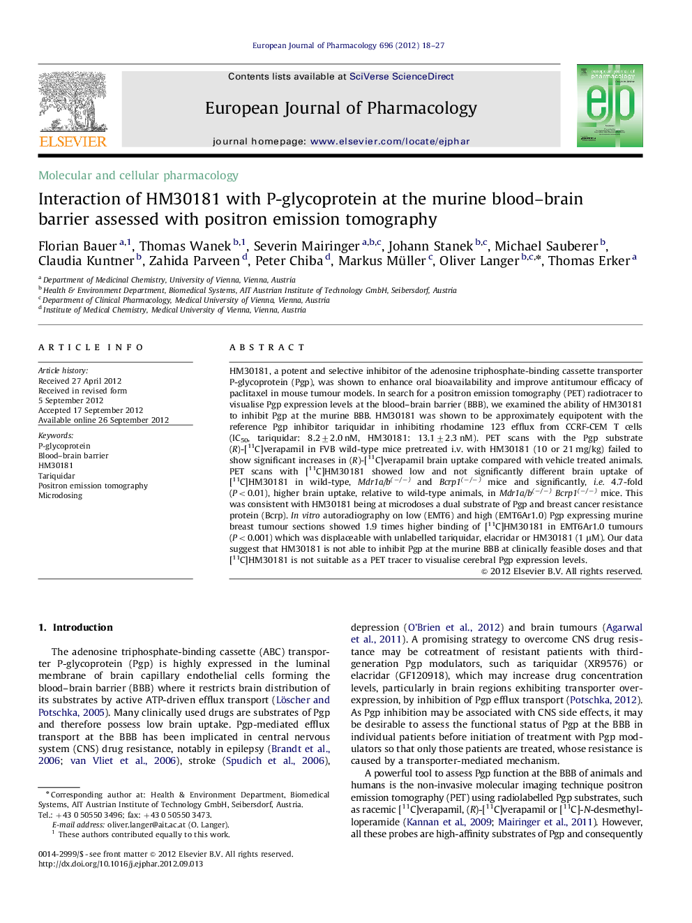 Interaction of HM30181 with P-glycoprotein at the murine blood–brain barrier assessed with positron emission tomography