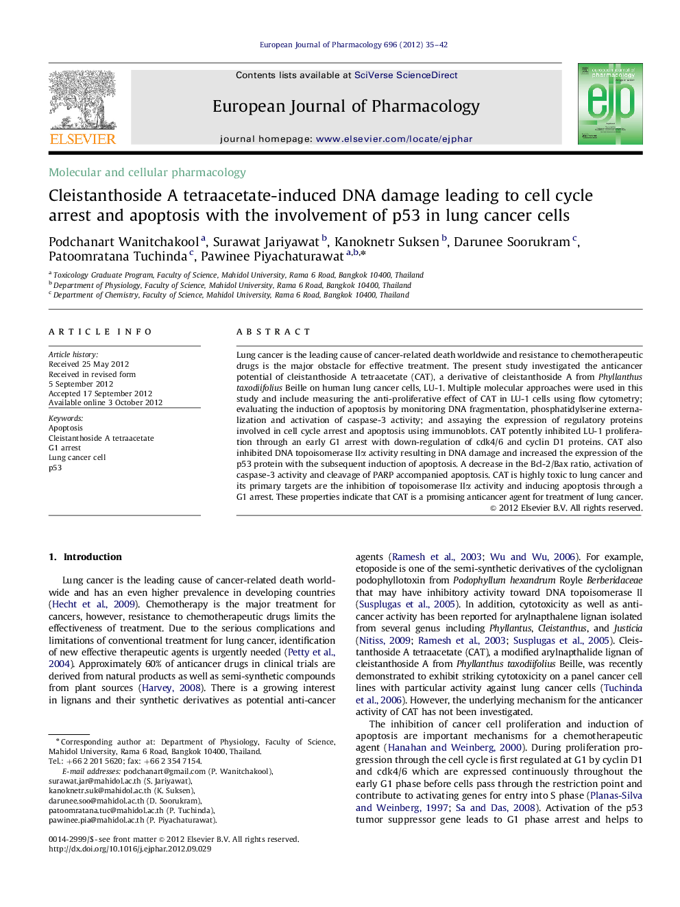 Cleistanthoside A tetraacetate-induced DNA damage leading to cell cycle arrest and apoptosis with the involvement of p53 in lung cancer cells