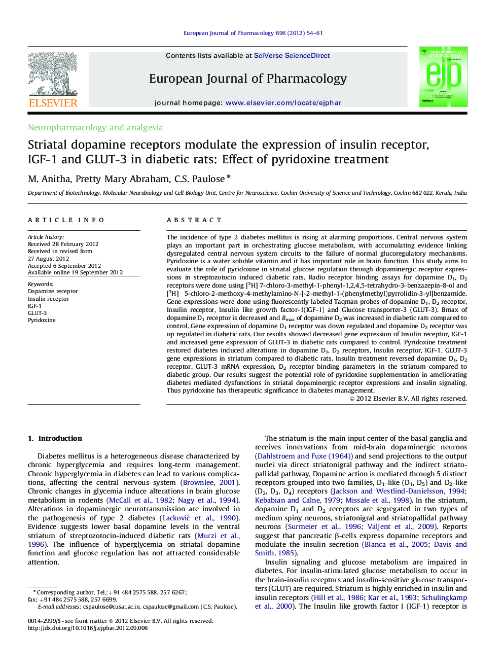 Striatal dopamine receptors modulate the expression of insulin receptor, IGF-1 and GLUT-3 in diabetic rats: Effect of pyridoxine treatment