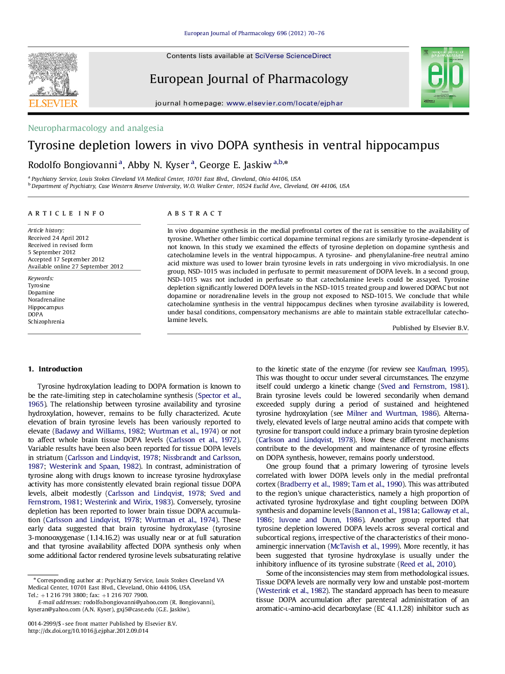 Tyrosine depletion lowers in vivo DOPA synthesis in ventral hippocampus