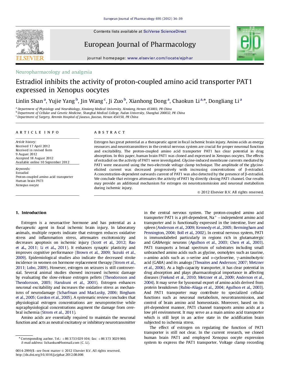 Estradiol inhibits the activity of proton-coupled amino acid transporter PAT1 expressed in Xenopus oocytes