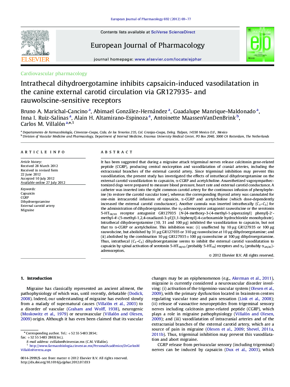 Intrathecal dihydroergotamine inhibits capsaicin-induced vasodilatation in the canine external carotid circulation via GR127935- and rauwolscine-sensitive receptors