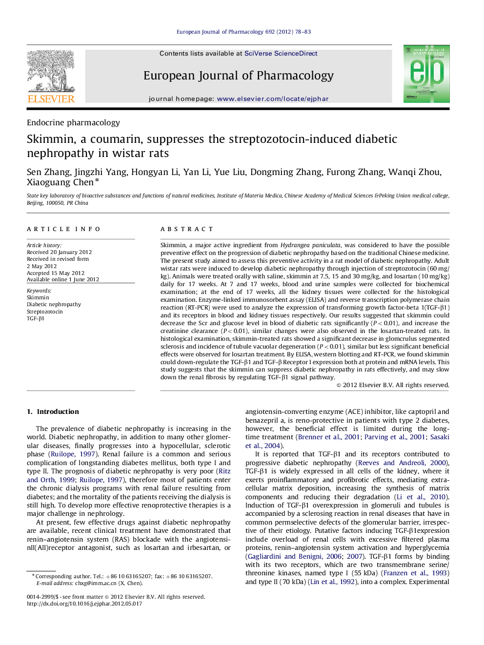 Skimmin, a coumarin, suppresses the streptozotocin-induced diabetic nephropathy in wistar rats