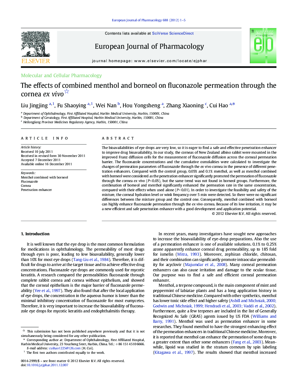 The effects of combined menthol and borneol on fluconazole permeation through the cornea ex vivo 