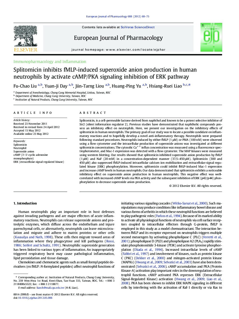 Splitomicin inhibits fMLP-induced superoxide anion production in human neutrophils by activate cAMP/PKA signaling inhibition of ERK pathway