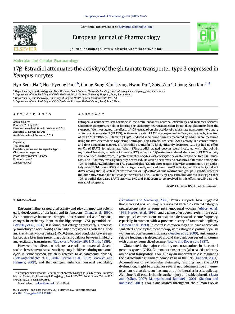 17β-Estradiol attenuates the activity of the glutamate transporter type 3 expressed in Xenopus oocytes