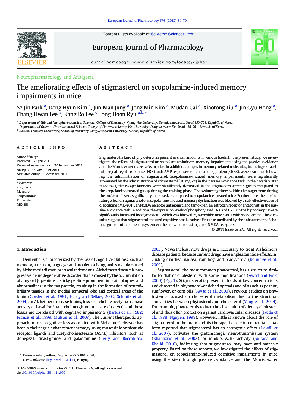 The ameliorating effects of stigmasterol on scopolamine-induced memory impairments in mice