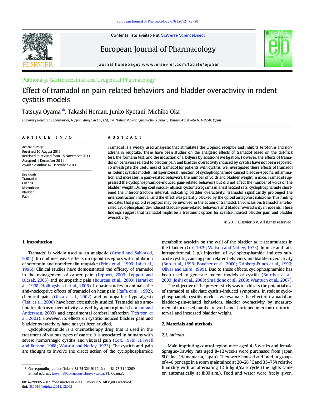 Effect of tramadol on pain-related behaviors and bladder overactivity in rodent cystitis models