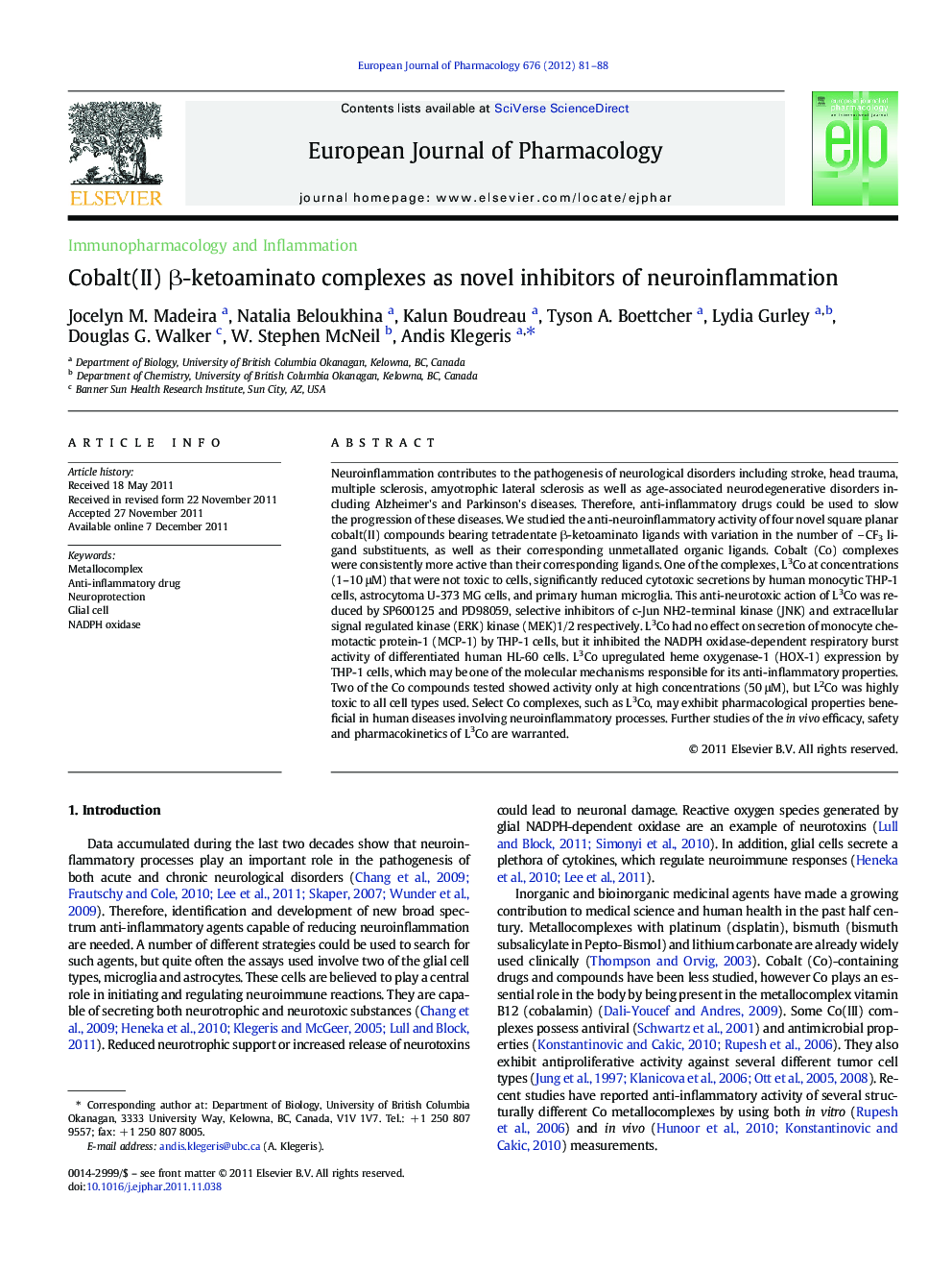 Cobalt(II) β-ketoaminato complexes as novel inhibitors of neuroinflammation