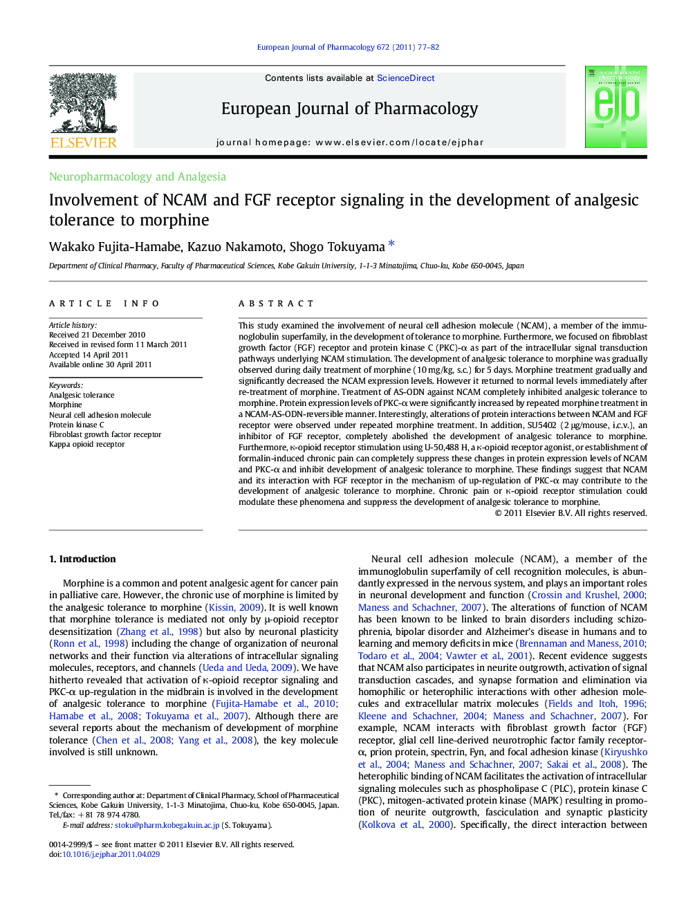 Involvement of NCAM and FGF receptor signaling in the development of analgesic tolerance to morphine