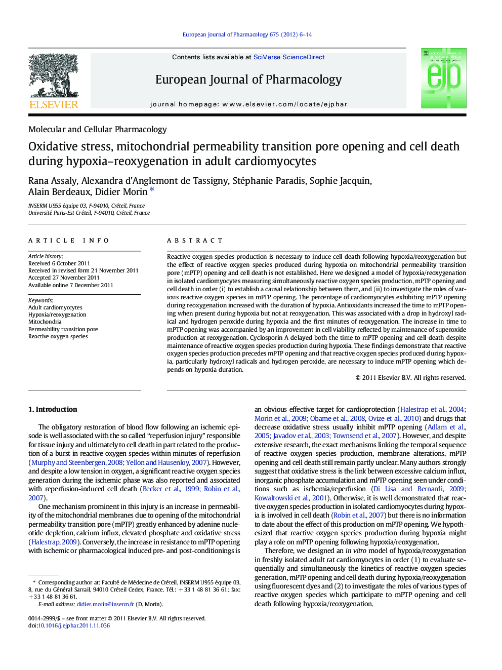 Oxidative stress, mitochondrial permeability transition pore opening and cell death during hypoxia–reoxygenation in adult cardiomyocytes