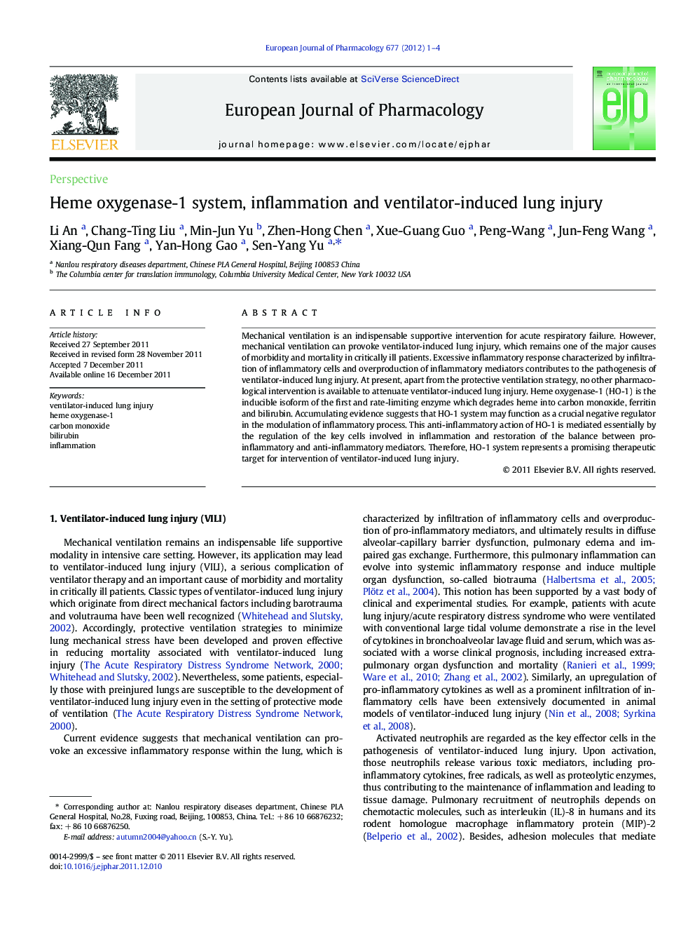 Heme oxygenase-1 system, inflammation and ventilator-induced lung injury