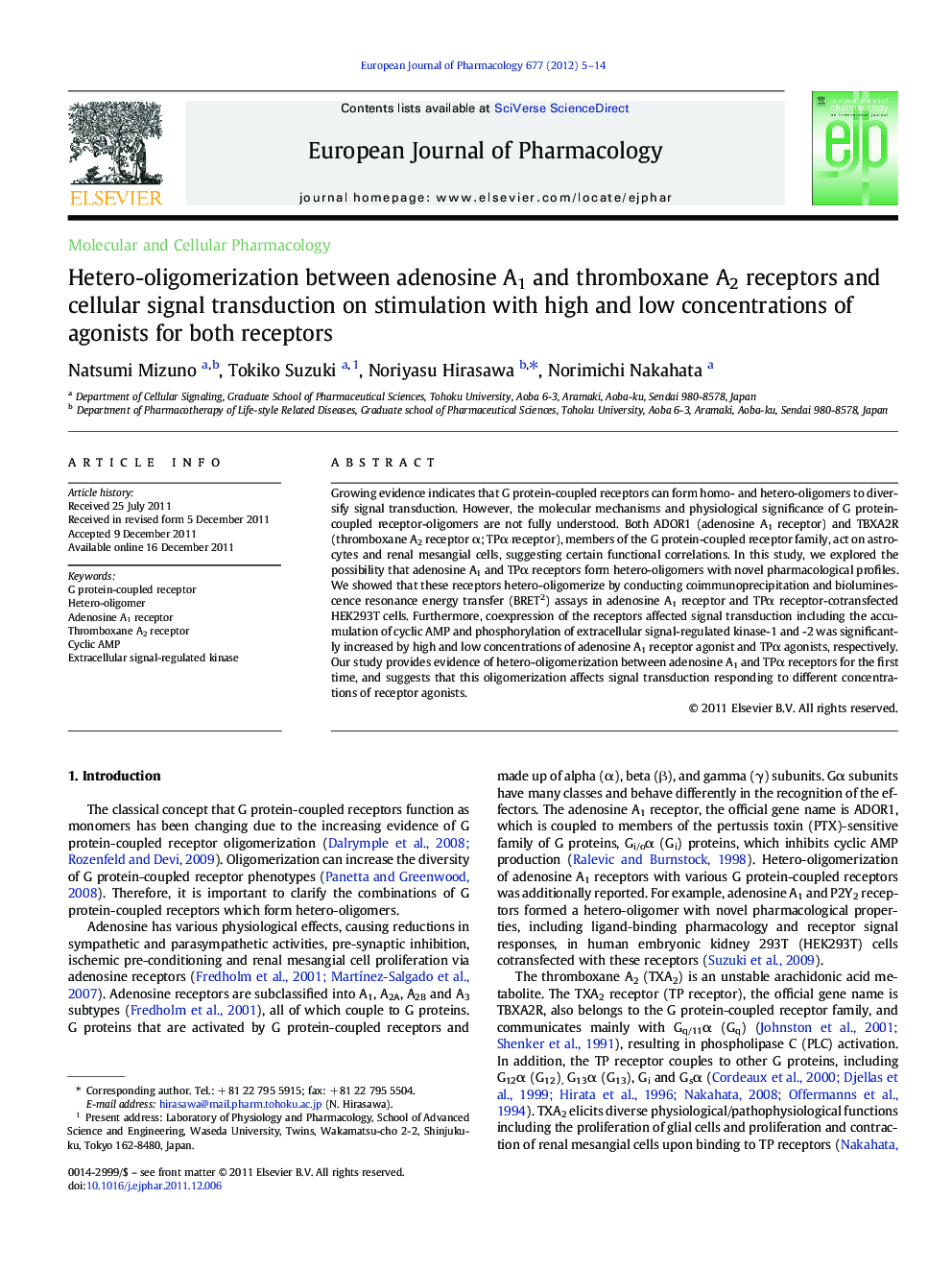 Hetero-oligomerization between adenosine A1 and thromboxane A2 receptors and cellular signal transduction on stimulation with high and low concentrations of agonists for both receptors