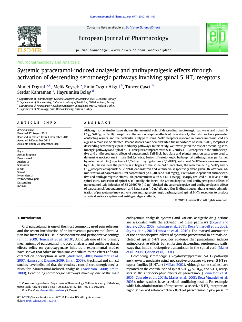 Systemic paracetamol-induced analgesic and antihyperalgesic effects through activation of descending serotonergic pathways involving spinal 5-HT7 receptors