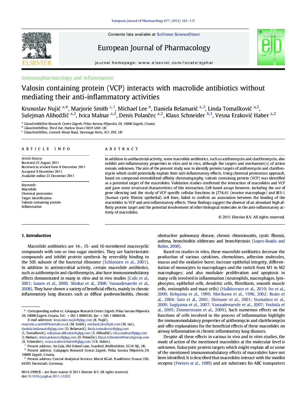 Valosin containing protein (VCP) interacts with macrolide antibiotics without mediating their anti-inflammatory activities