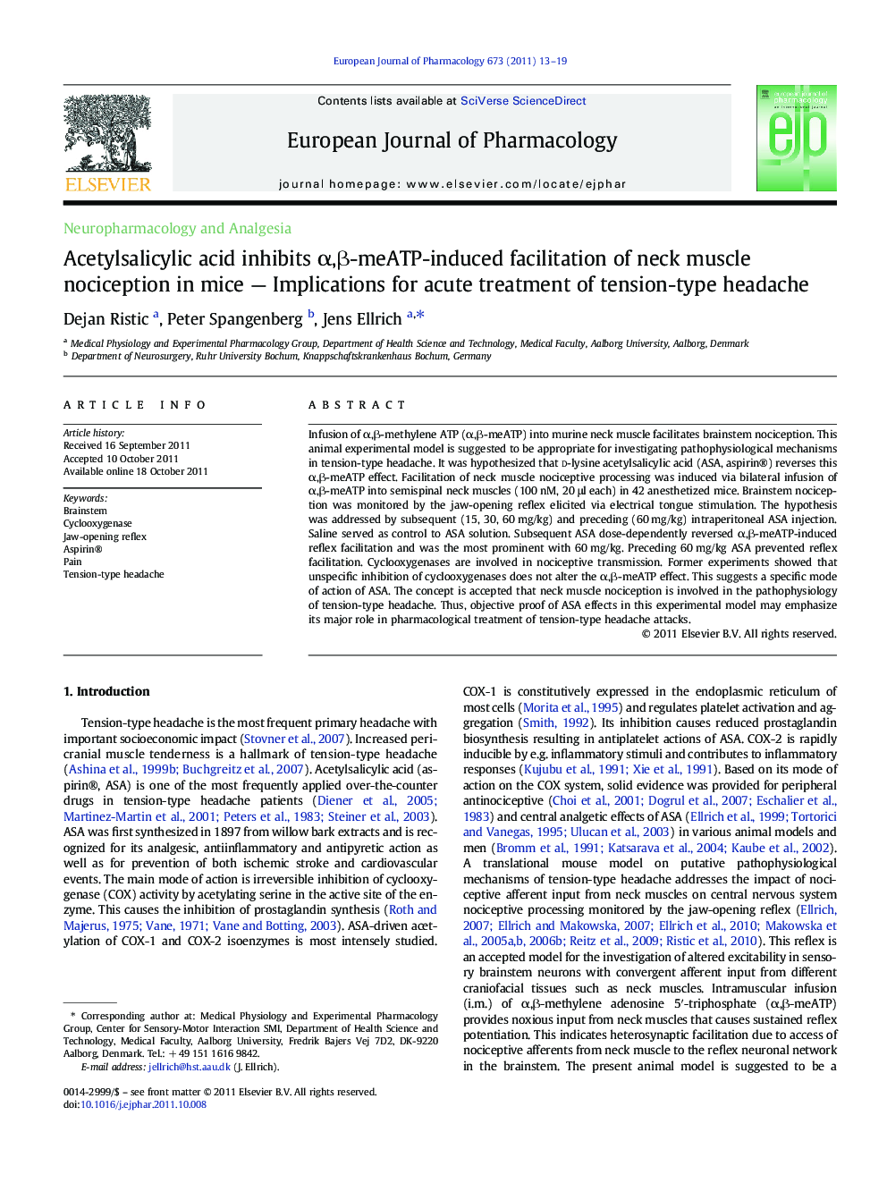 Acetylsalicylic acid inhibits α,β-meATP-induced facilitation of neck muscle nociception in mice — Implications for acute treatment of tension-type headache