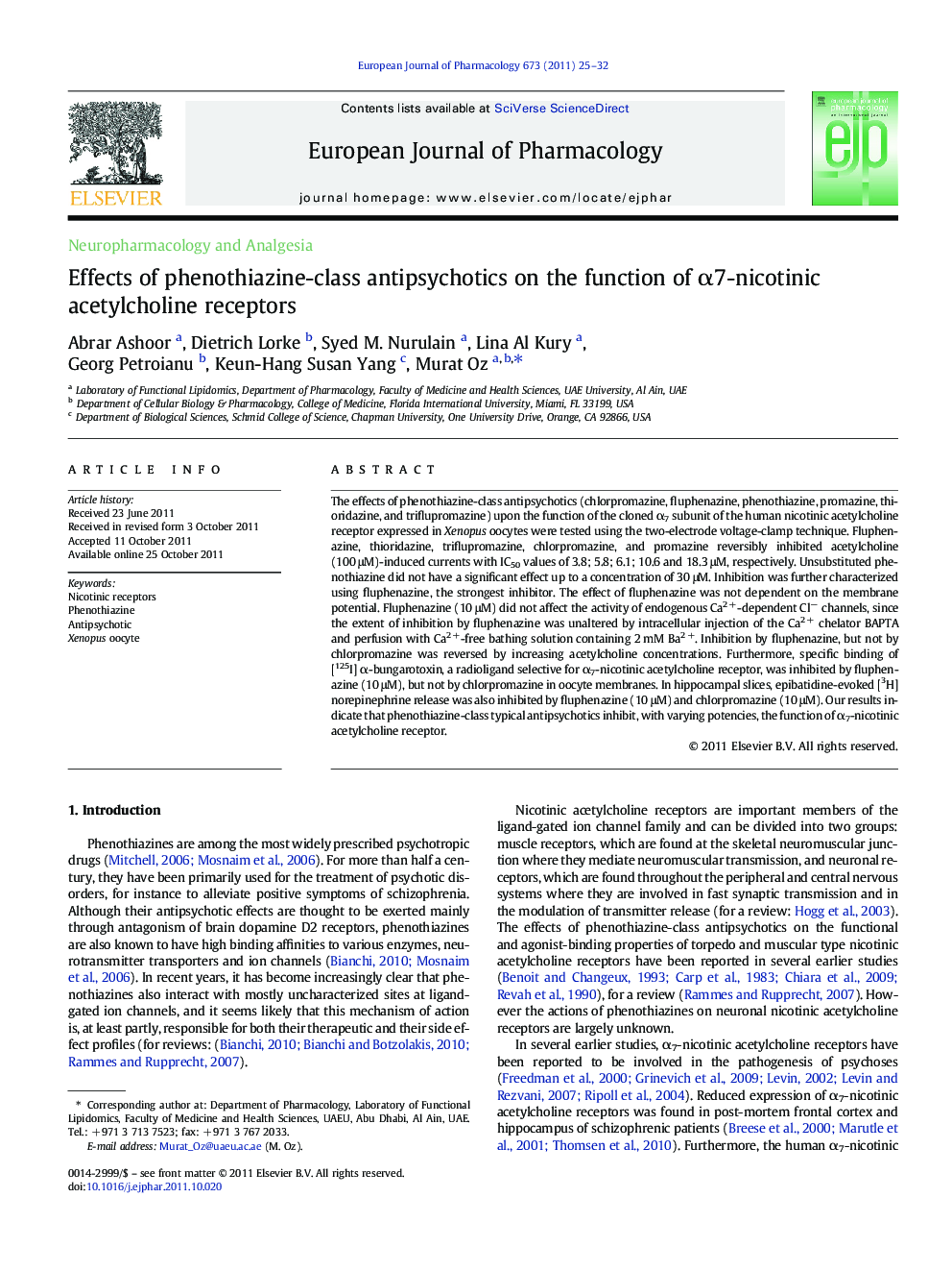 Effects of phenothiazine-class antipsychotics on the function of α7-nicotinic acetylcholine receptors