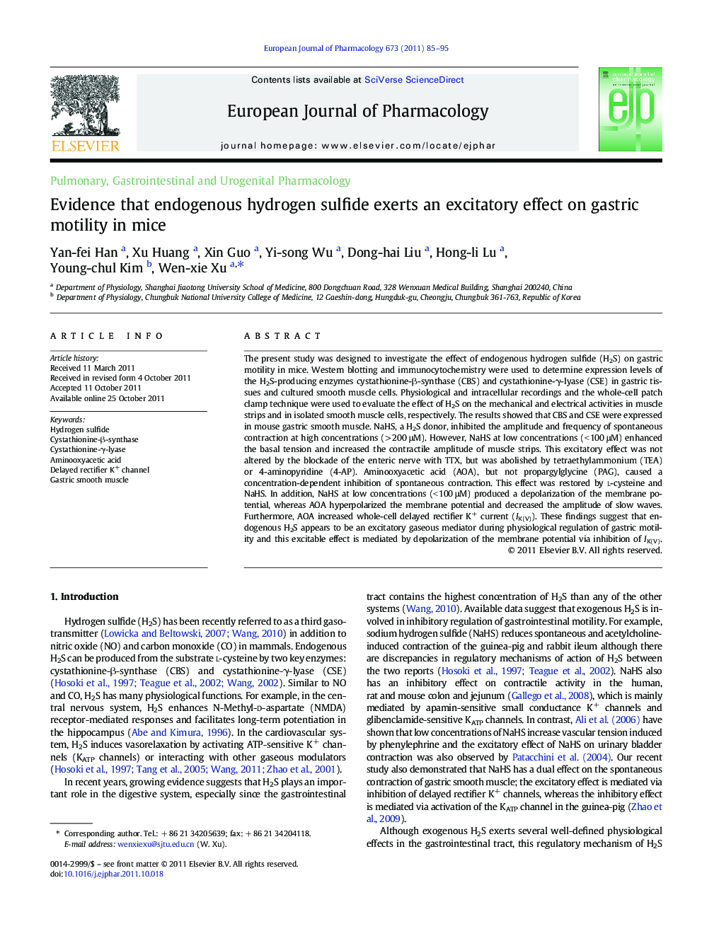 عکس صفحه اول مقاله: Evidence that endogenous hydrogen sulfide exerts an excitatory effect on gastric motility in mice Evidence that endogenous hydrogen sulfide exerts an excitatory effect on gastric motility in mice