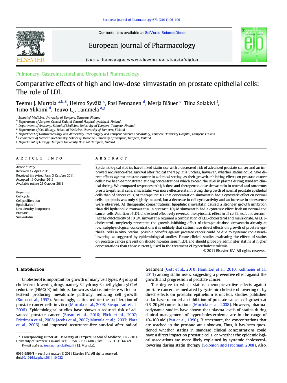 Comparative effects of high and low-dose simvastatin on prostate epithelial cells: The role of LDL