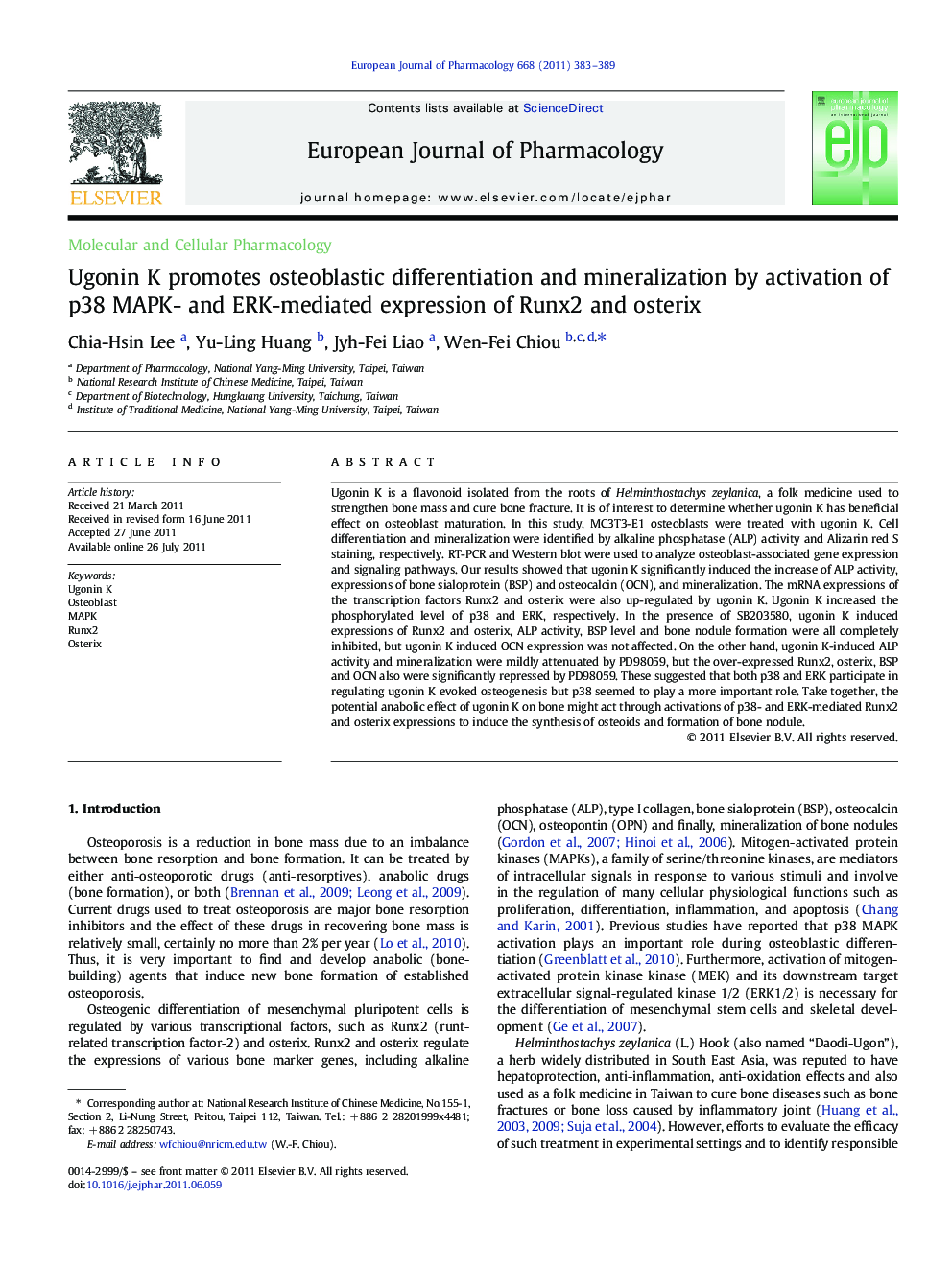 Ugonin K promotes osteoblastic differentiation and mineralization by activation of p38 MAPK- and ERK-mediated expression of Runx2 and osterix