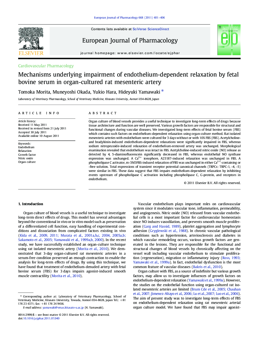 Mechanisms underlying impairment of endothelium-dependent relaxation by fetal bovine serum in organ-cultured rat mesenteric artery