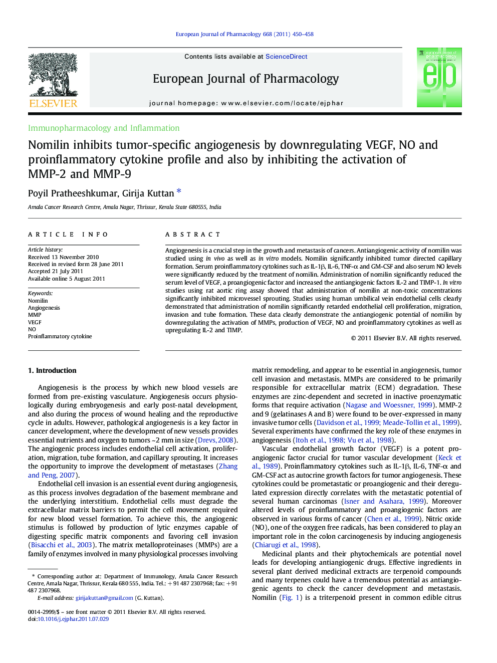 Nomilin inhibits tumor-specific angiogenesis by downregulating VEGF, NO and proinflammatory cytokine profile and also by inhibiting the activation of MMP-2 and MMP-9