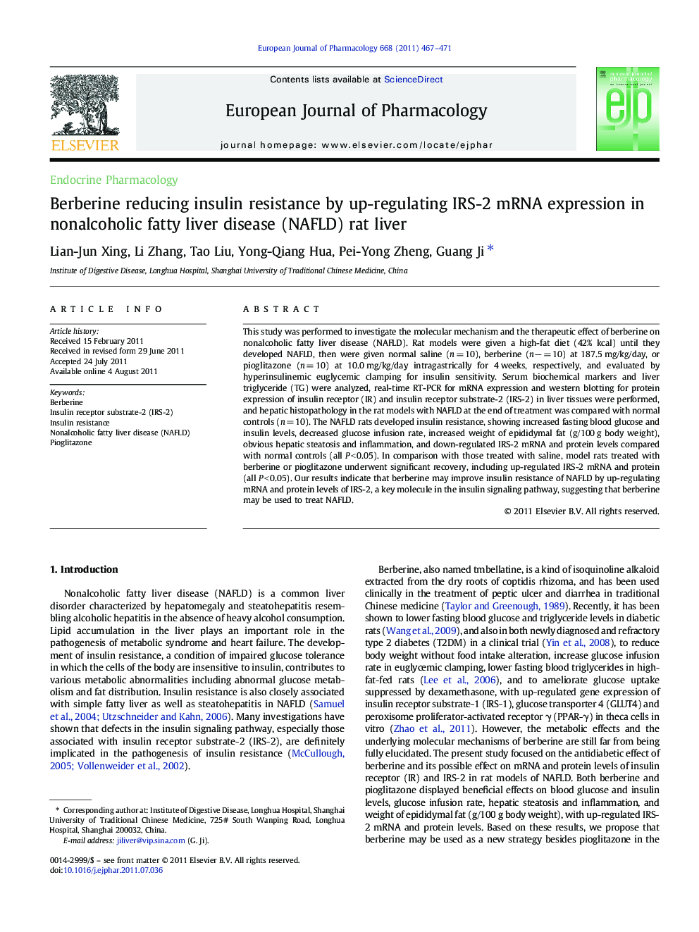 Berberine reducing insulin resistance by up-regulating IRS-2 mRNA expression in nonalcoholic fatty liver disease (NAFLD) rat liver