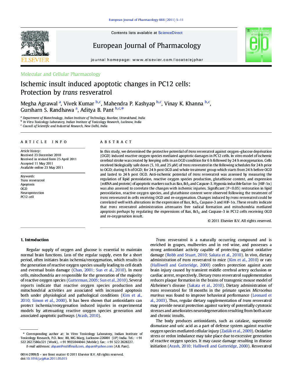 Ischemic insult induced apoptotic changes in PC12 cells: Protection by trans resveratrol