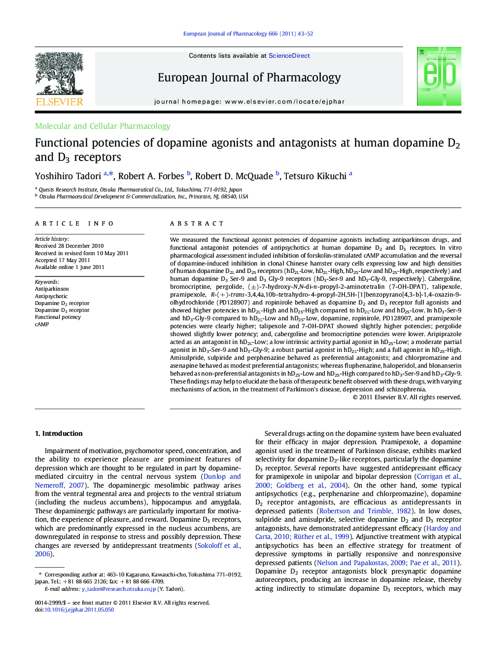 Functional potencies of dopamine agonists and antagonists at human dopamine D2 and D3 receptors
