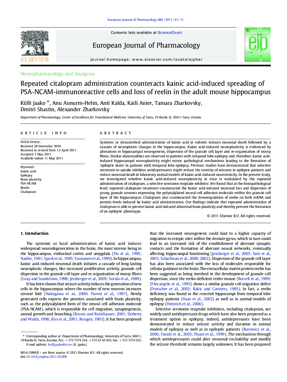 Repeated citalopram administration counteracts kainic acid-induced spreading of PSA-NCAM-immunoreactive cells and loss of reelin in the adult mouse hippocampus