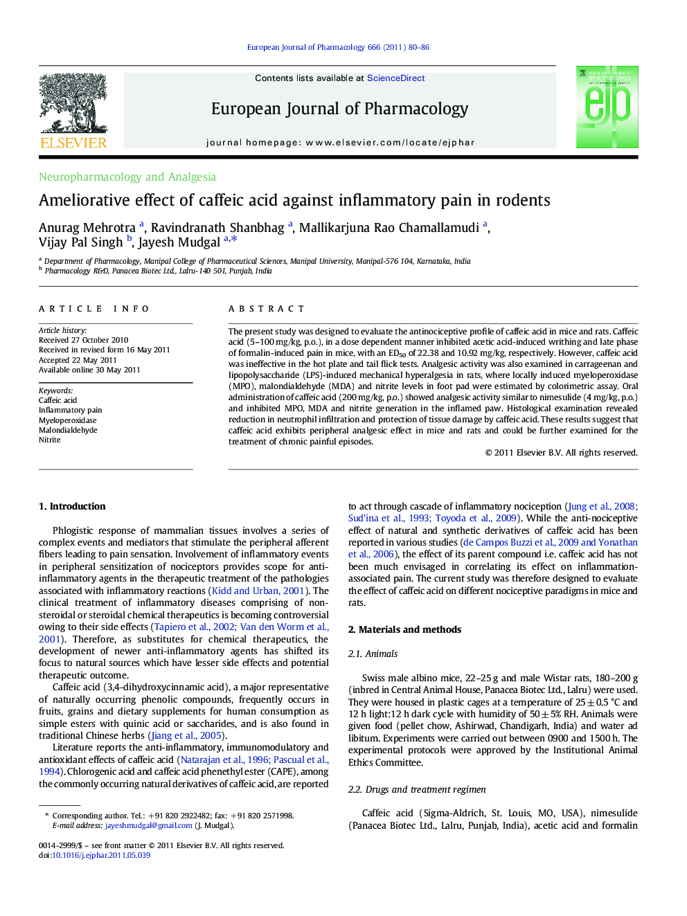 Ameliorative effect of caffeic acid against inflammatory pain in rodents