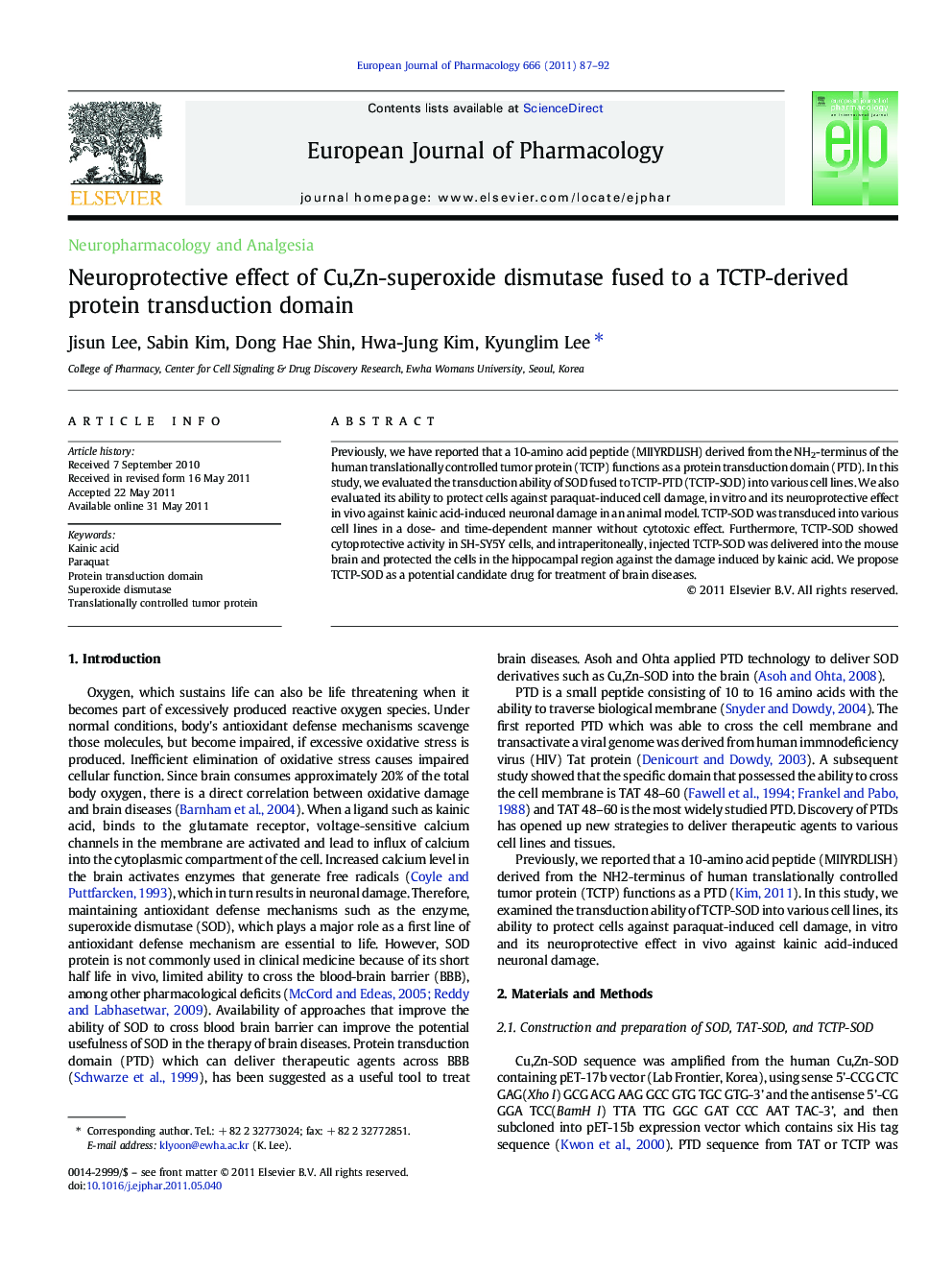 Neuroprotective effect of Cu,Zn-superoxide dismutase fused to a TCTP-derived protein transduction domain