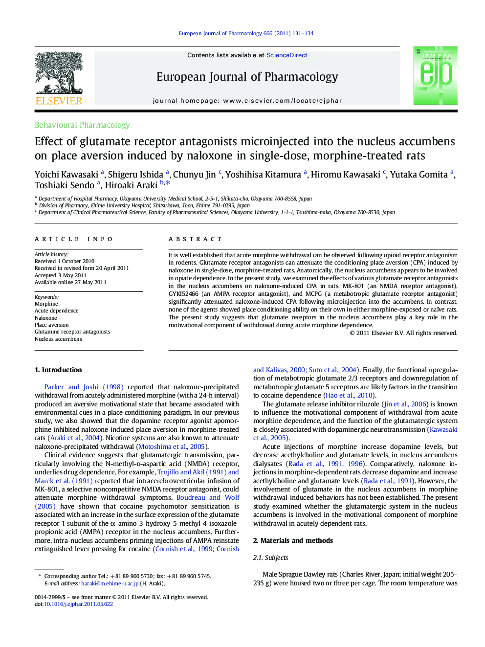 Effect of glutamate receptor antagonists microinjected into the nucleus accumbens on place aversion induced by naloxone in single-dose, morphine-treated rats