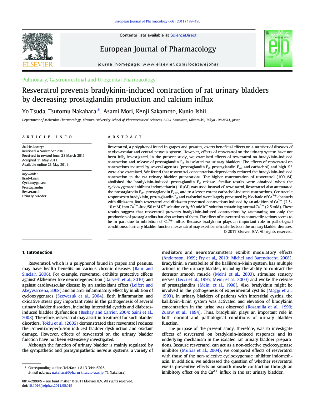 Resveratrol prevents bradykinin-induced contraction of rat urinary bladders by decreasing prostaglandin production and calcium influx