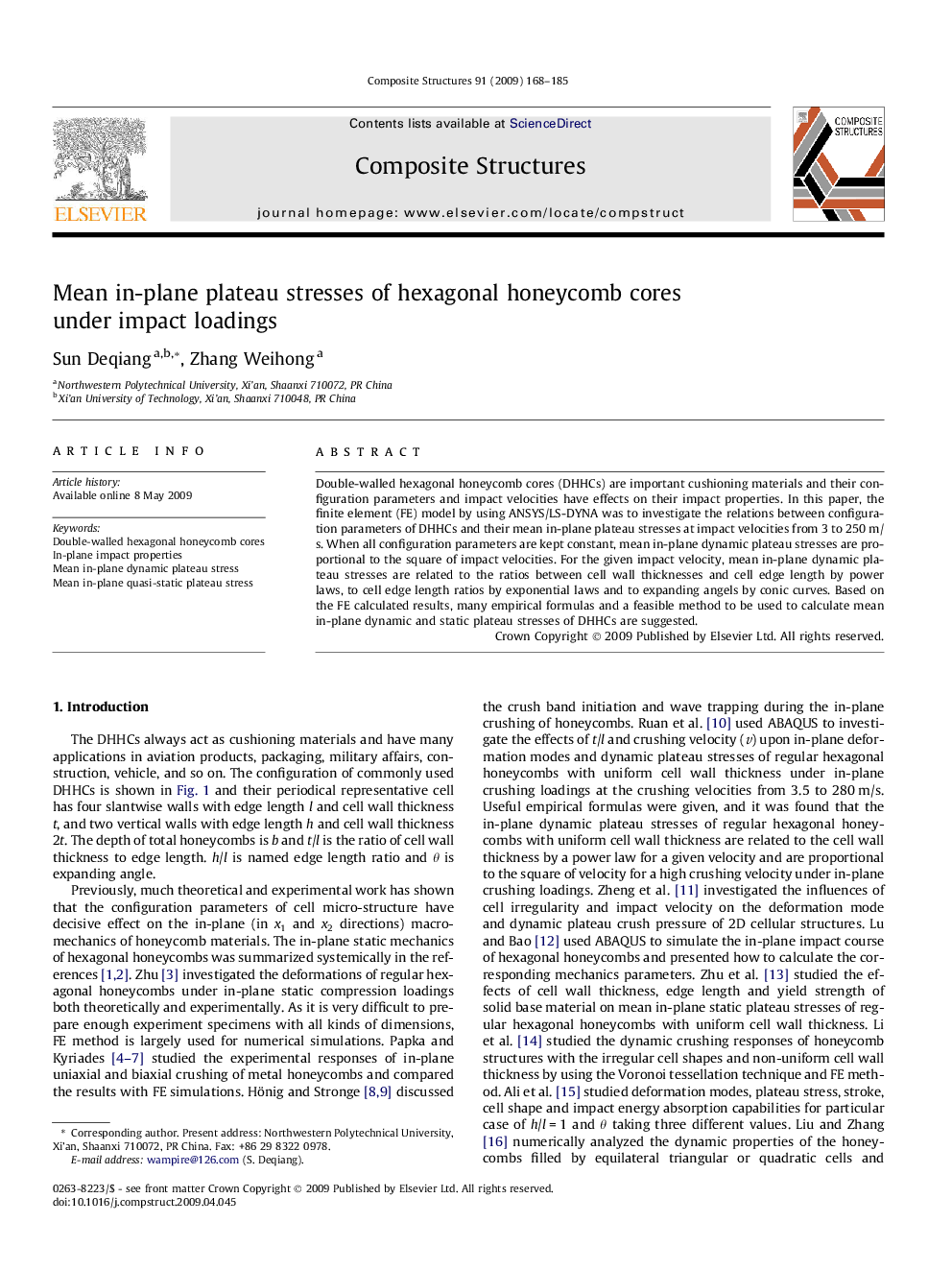 عکس صفحه اول مقاله: Mean in-plane plateau stresses of hexagonal honeycomb cores under impact loadings Mean in-plane plateau stresses of hexagonal honeycomb cores under impact loadings