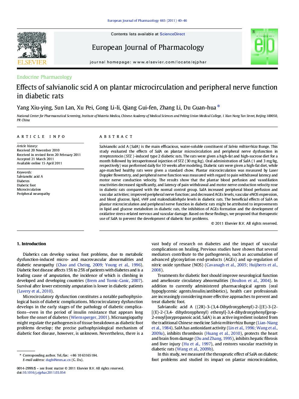 Effects of salvianolic scid A on plantar microcirculation and peripheral nerve function in diabetic rats