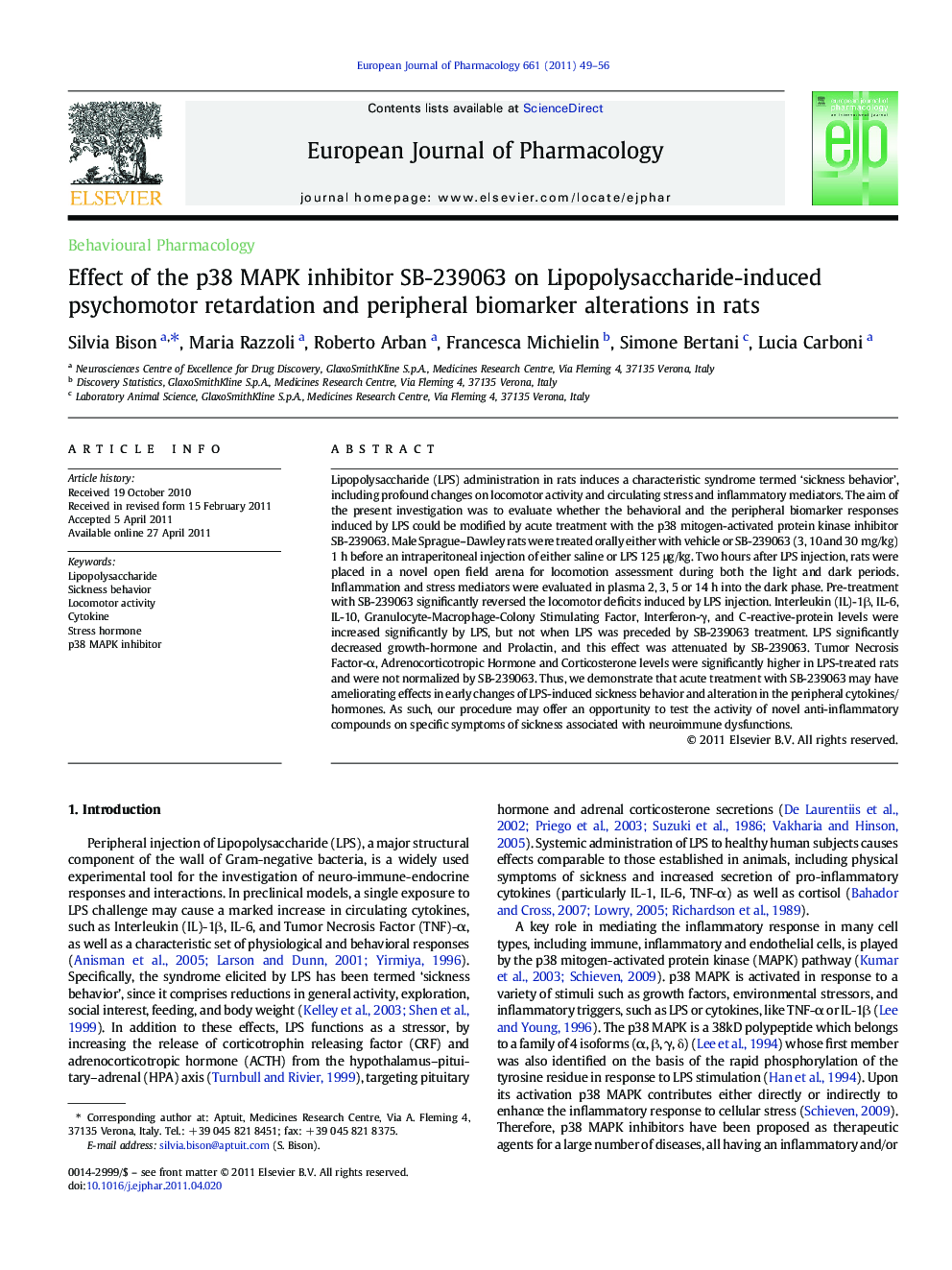 Effect of the p38 MAPK inhibitor SB-239063 on Lipopolysaccharide-induced psychomotor retardation and peripheral biomarker alterations in rats