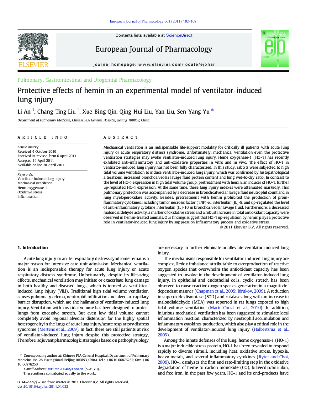 Protective effects of hemin in an experimental model of ventilator-induced lung injury