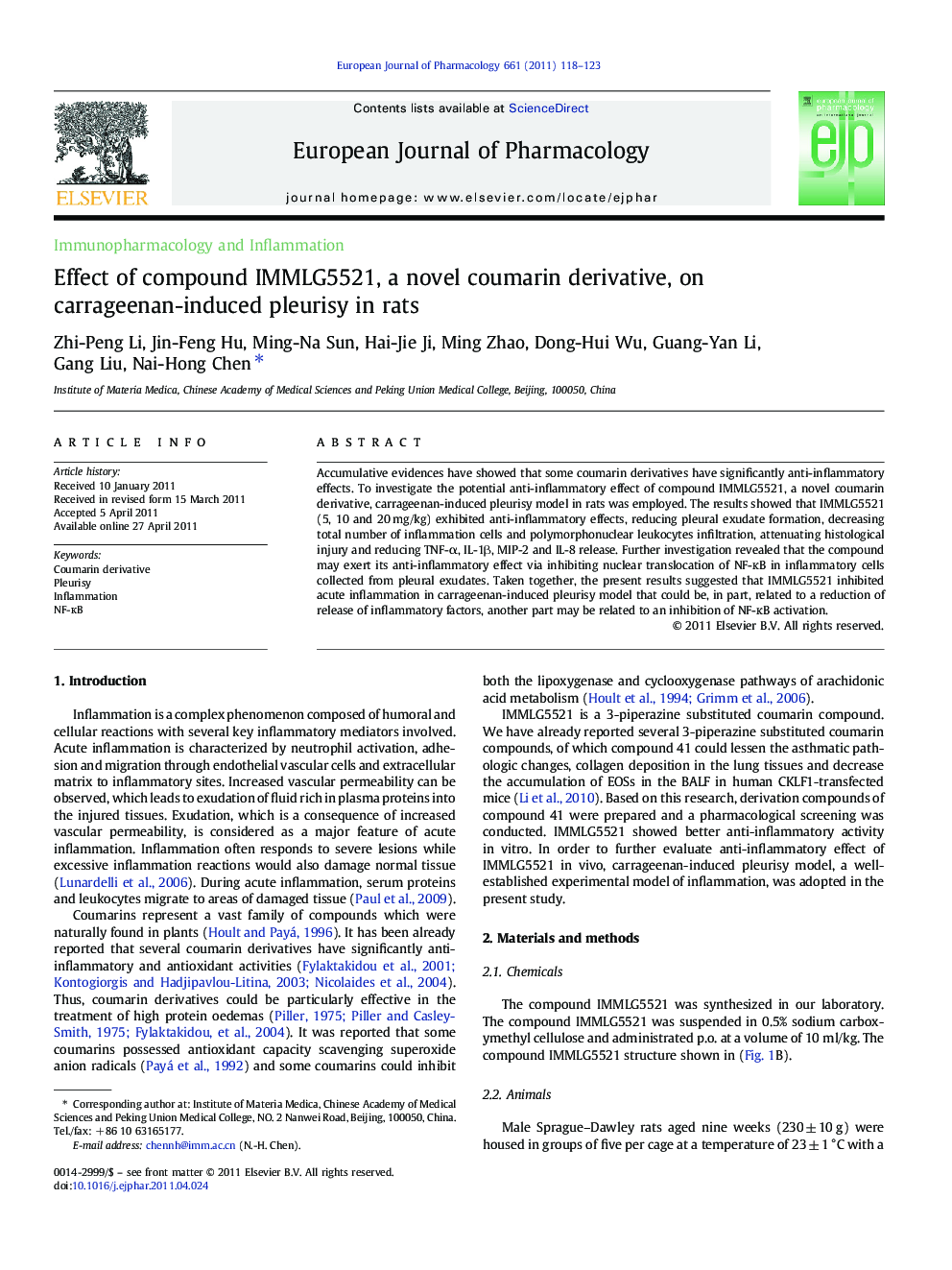 Effect of compound IMMLG5521, a novel coumarin derivative, on carrageenan-induced pleurisy in rats