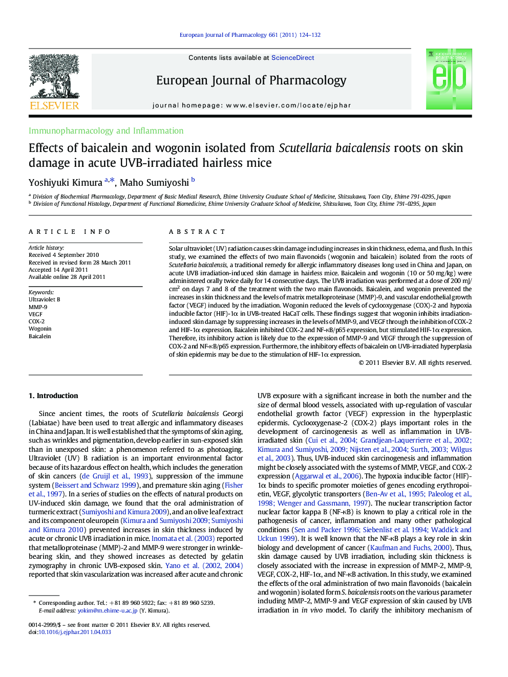 Effects of baicalein and wogonin isolated from Scutellaria baicalensis roots on skin damage in acute UVB-irradiated hairless mice