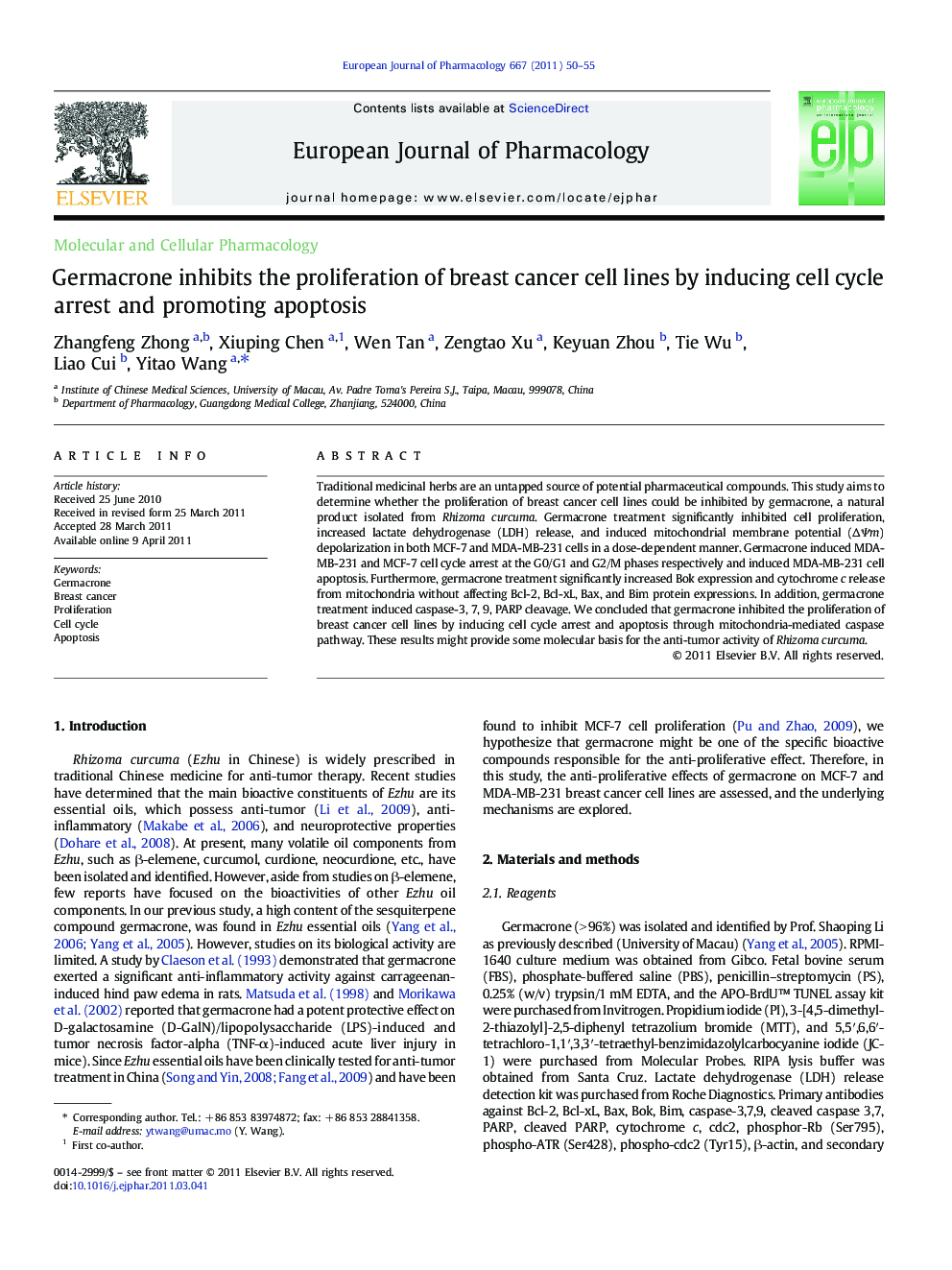 Germacrone inhibits the proliferation of breast cancer cell lines by inducing cell cycle arrest and promoting apoptosis