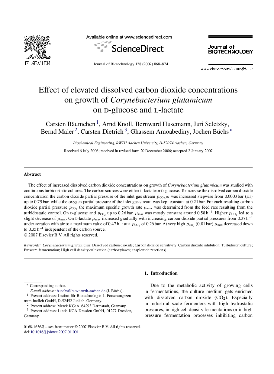 Effect of elevated dissolved carbon dioxide concentrations on growth of Corynebacterium glutamicum on d-glucose and l-lactate