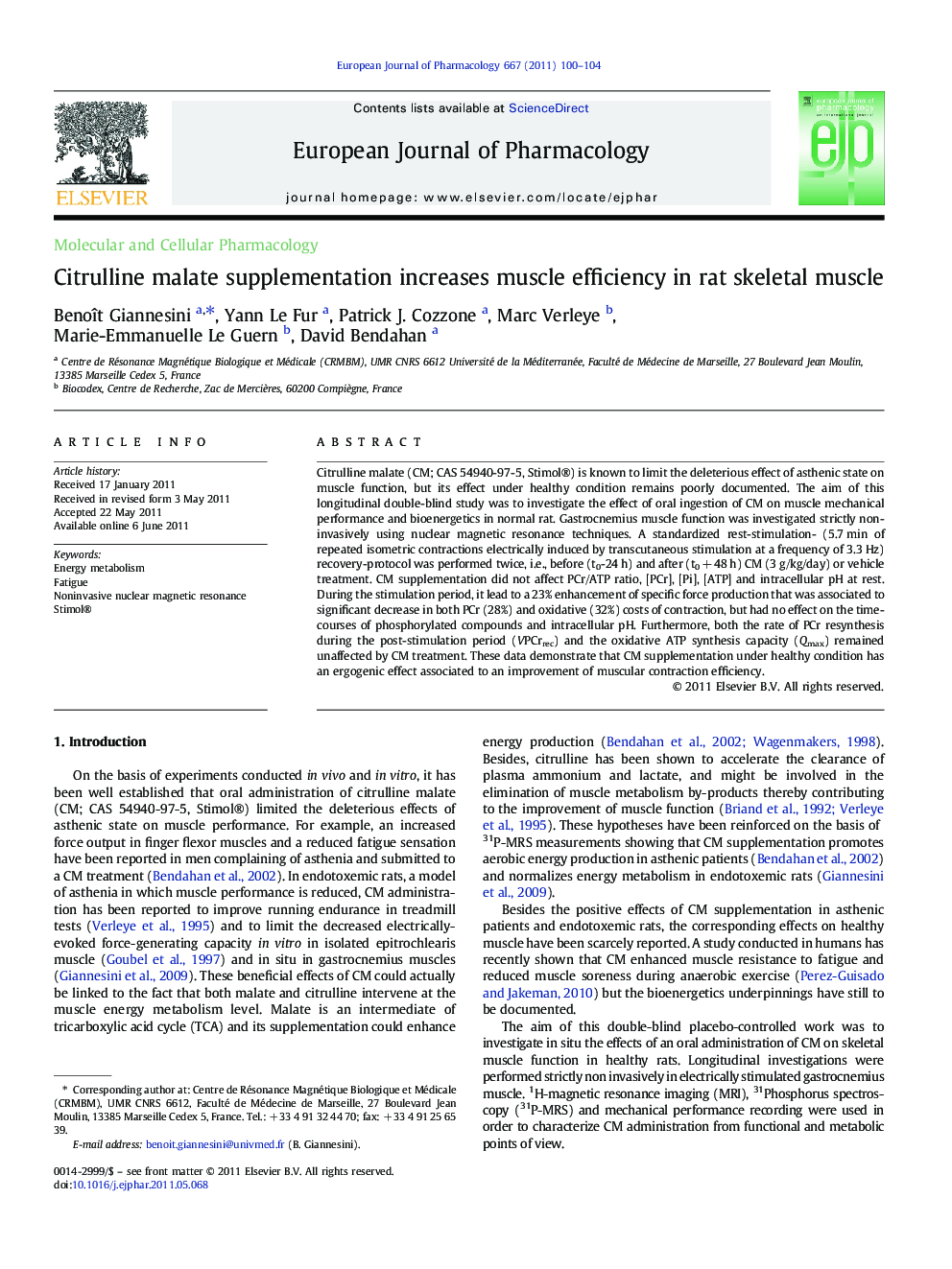 Citrulline malate supplementation increases muscle efficiency in rat skeletal muscle