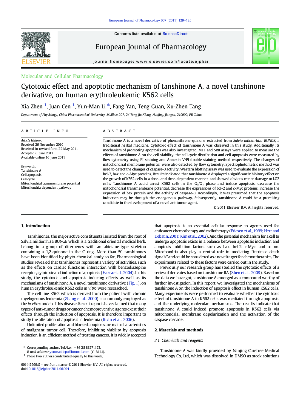 Cytotoxic effect and apoptotic mechanism of tanshinone A, a novel tanshinone derivative, on human erythroleukemic K562 cells