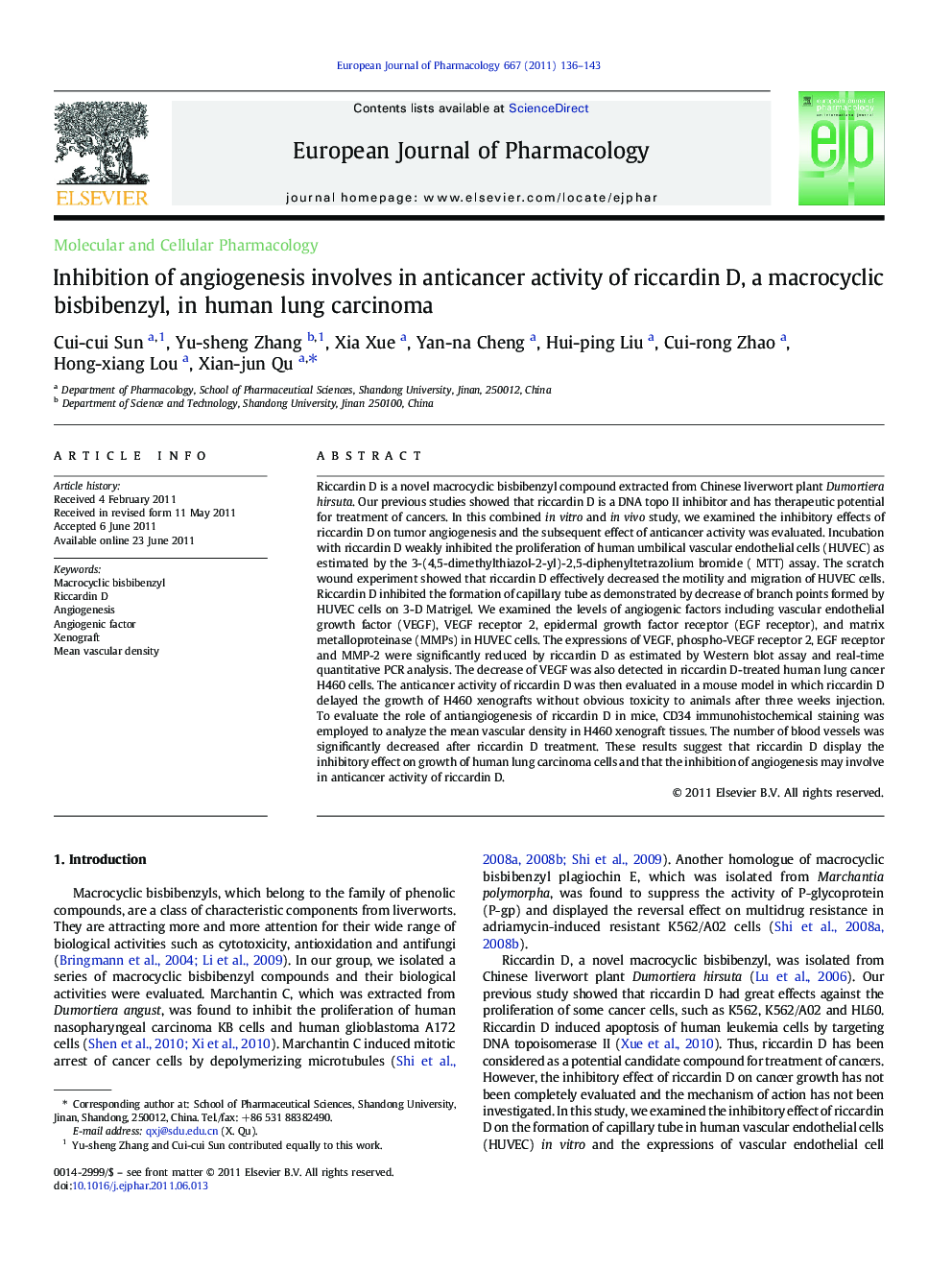 Inhibition of angiogenesis involves in anticancer activity of riccardin D, a macrocyclic bisbibenzyl, in human lung carcinoma